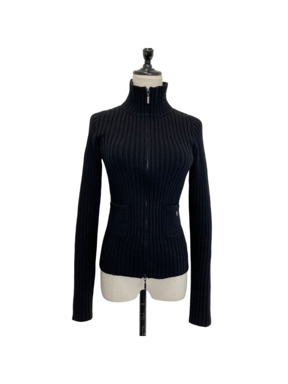 Chanel Cashmere 100% CC Logo Wide Rib Knit Zip Jacket 34 Black